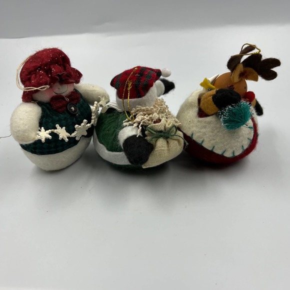 Primitive Round Plush Santa Claus Snowman Reindeer Christmas Ornaments Lot 3 - Picture 7 of 8